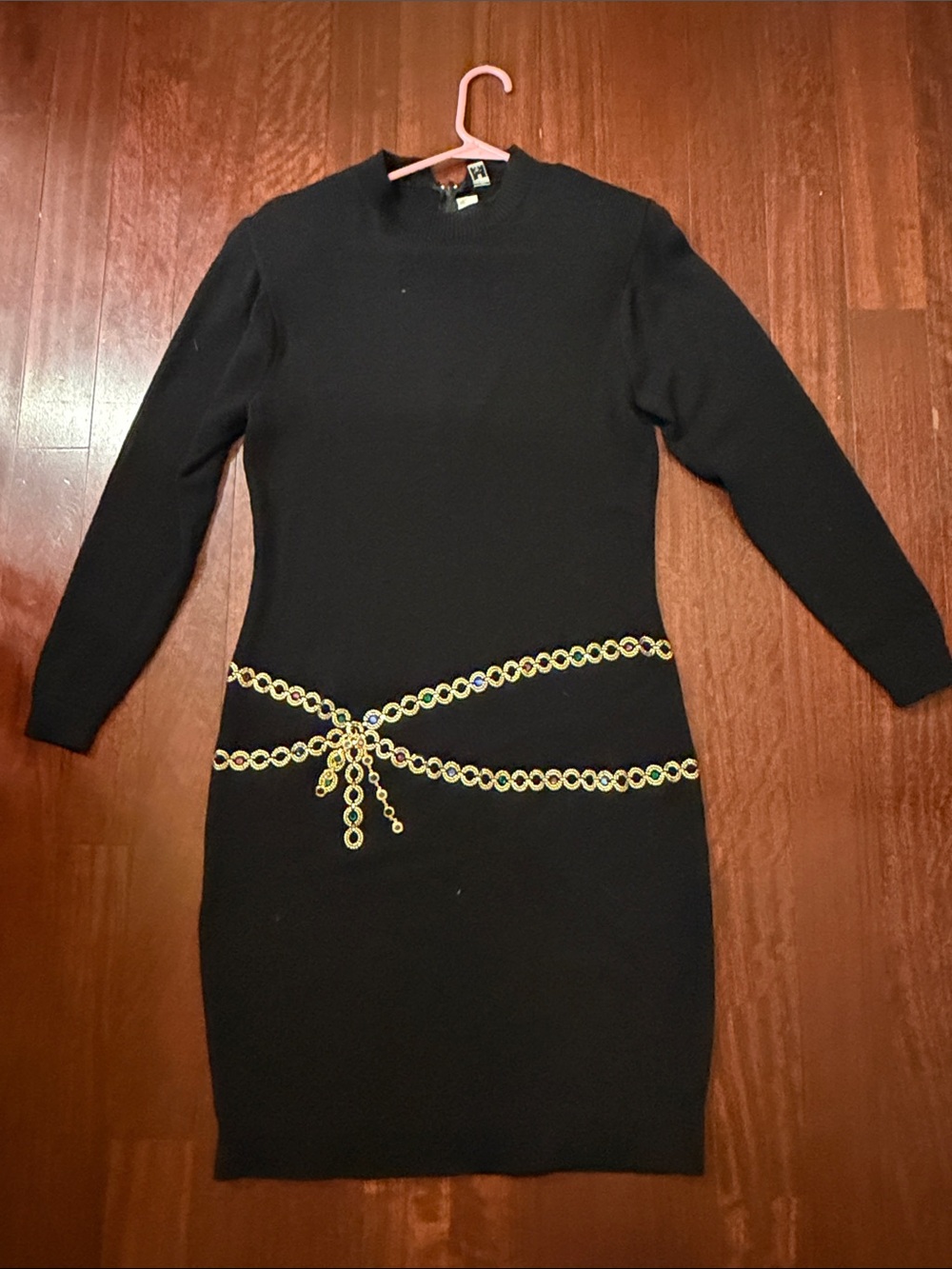 St. John's Bay Black Long-Sleeve Knit Dress with Gold Chain Trim